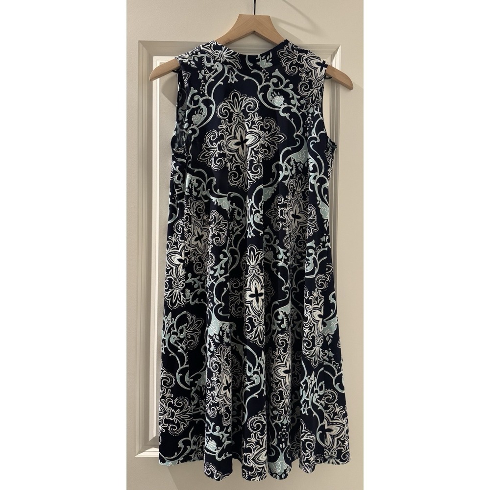 Robbie Bee Sleeveless Dress Womens 8 Navy White Medallion Print Career Party